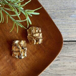 1980s Gold Tone Earrings | Crinkle Chunky Design |  Clip On | Vintage Runway